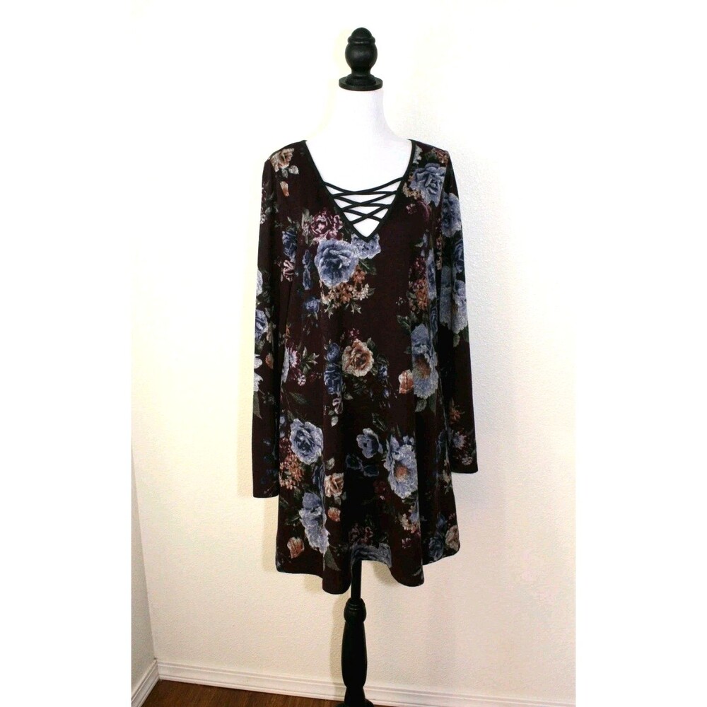 NWT Whimsigoth FORTUNE + IVY Knit Dress Sz. XL Purple Multi Floral Long Sl. #03